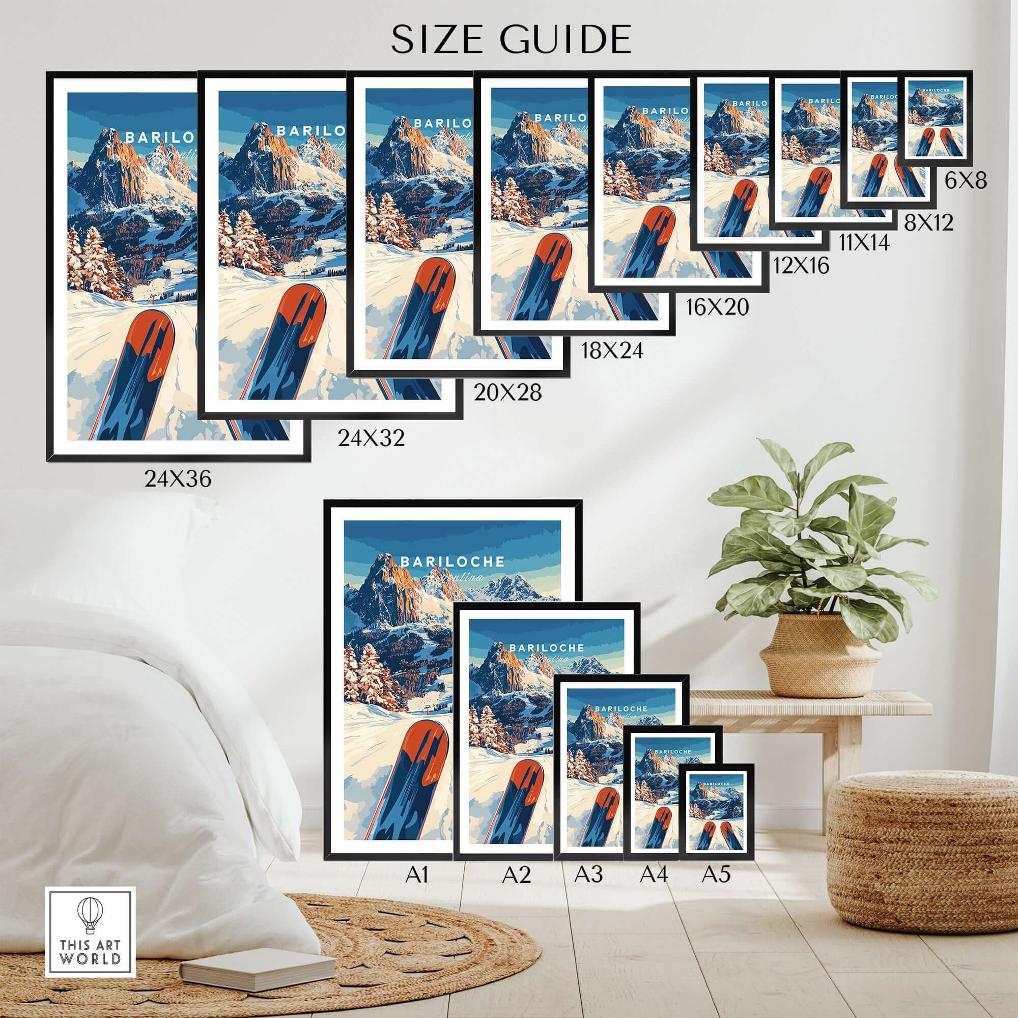 Bariloche Print Argentina size guide showcasing various frame sizes for the stunning artwork.