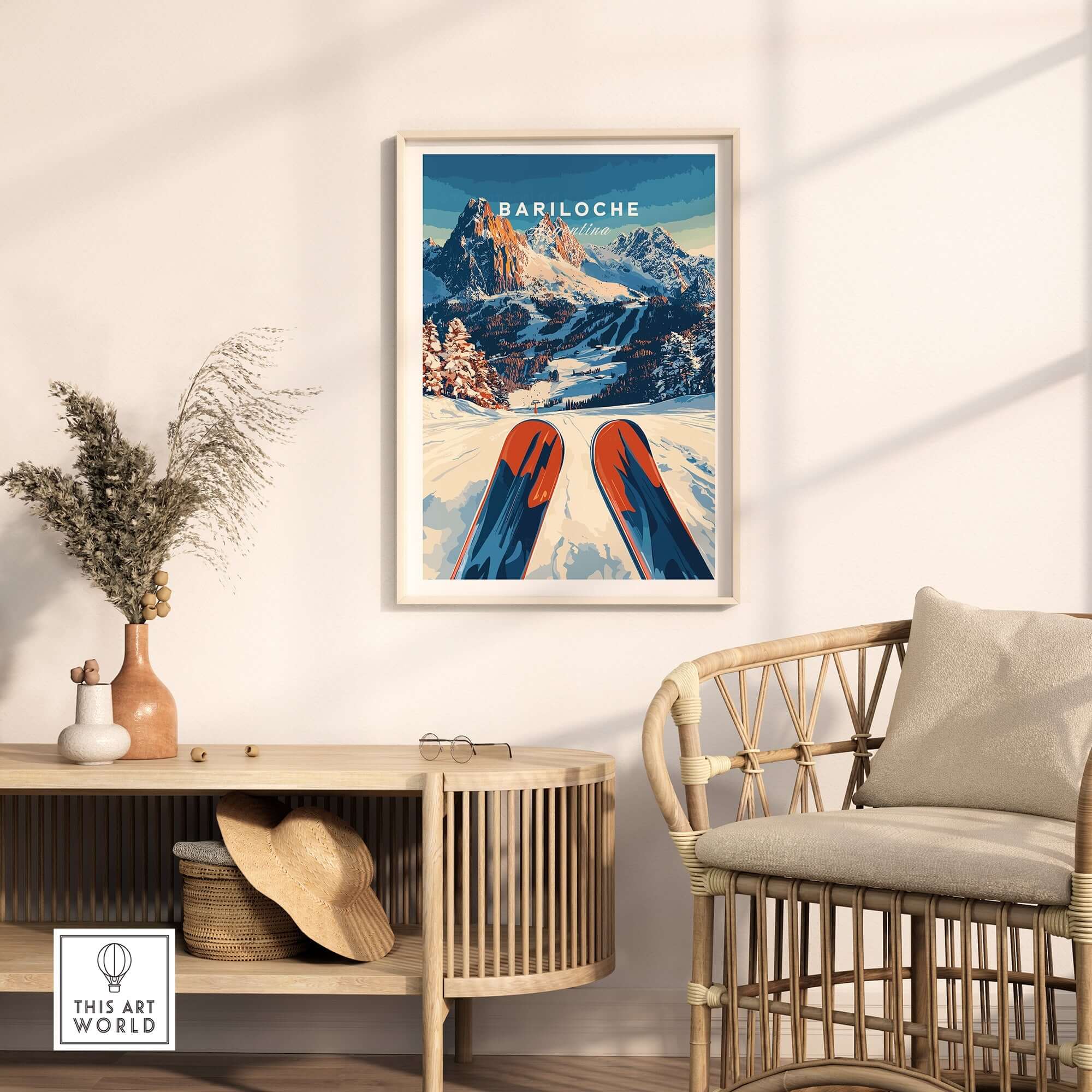 Bariloche Print Argentina showcasing stunning mountains and ski tracks in a cozy indoor setting.