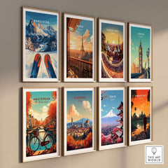 Bariloche Print Argentina and various city prints displayed on a wall in a modern setting.