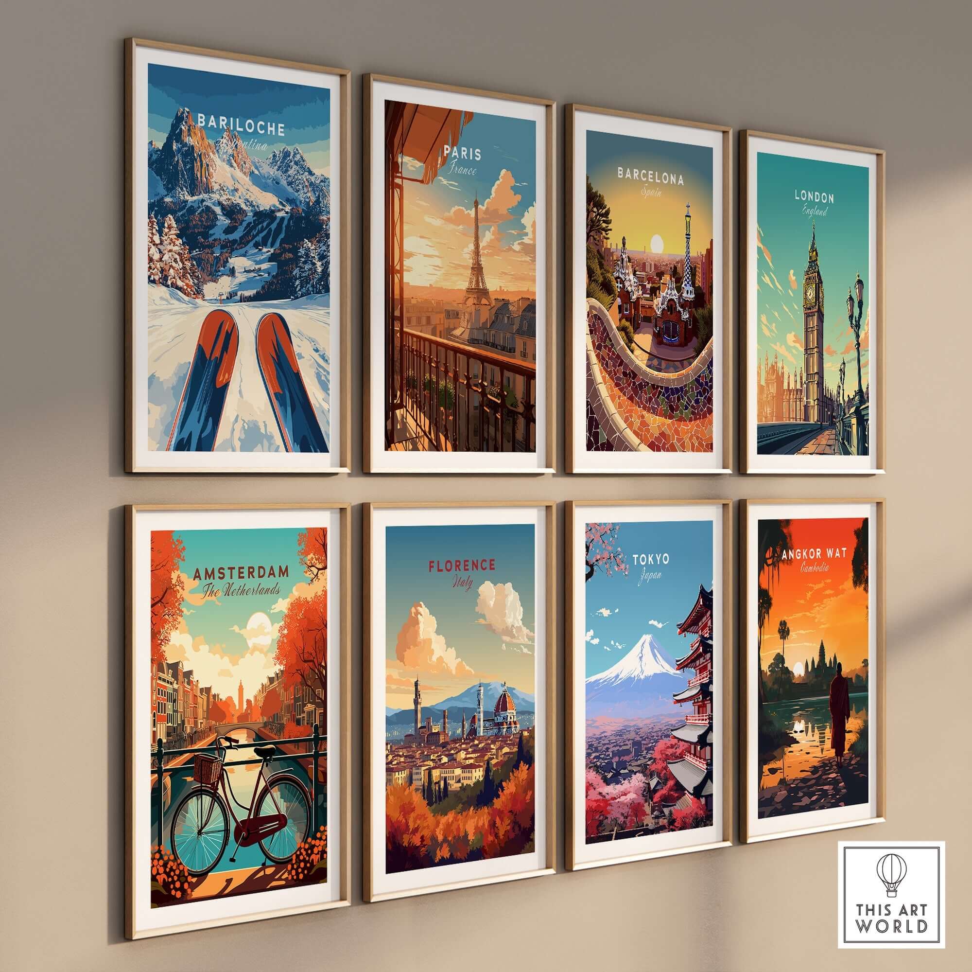 Bariloche Print Argentina and various city prints displayed on a wall in a modern setting.