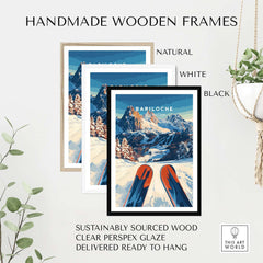 Handmade wooden frames showcasing the Bariloche Print Argentina with natural, white, and black options.