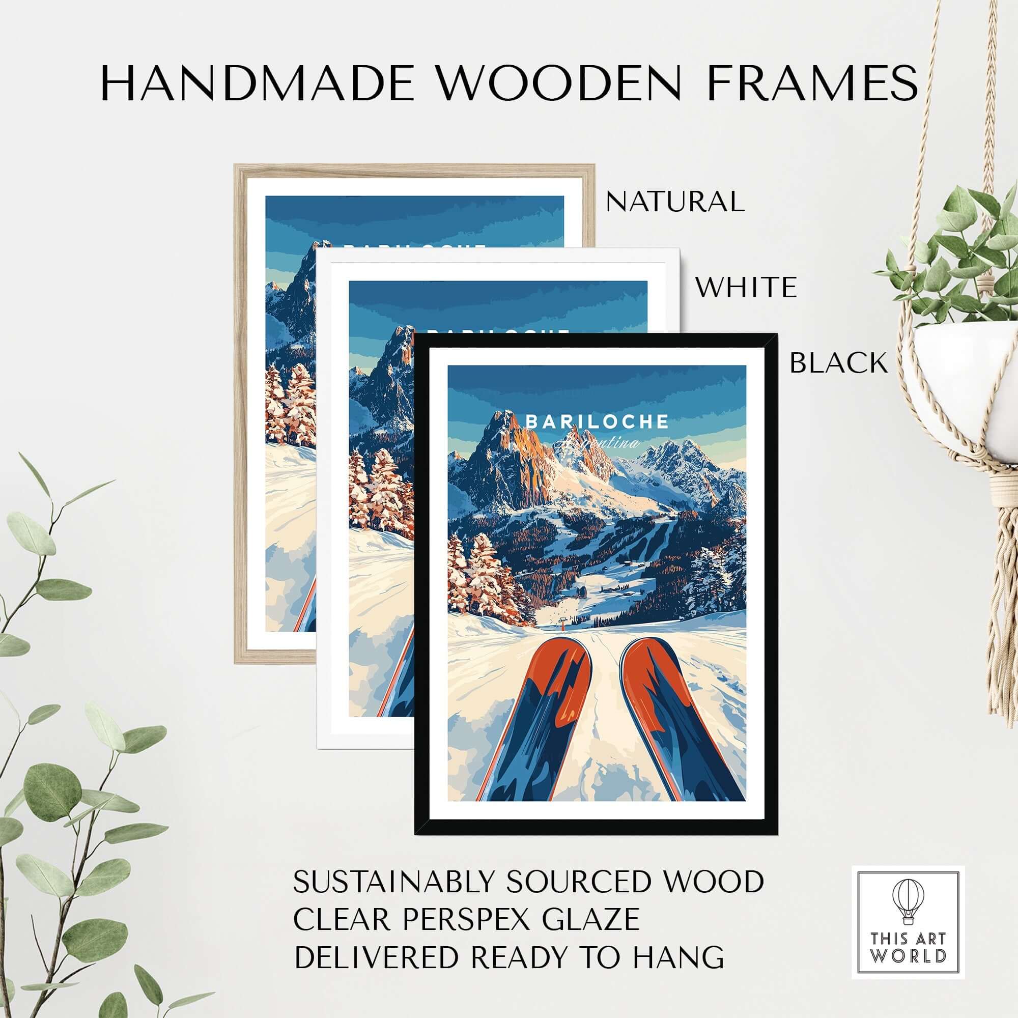 Handmade wooden frames showcasing the Bariloche Print Argentina with natural, white, and black options.
