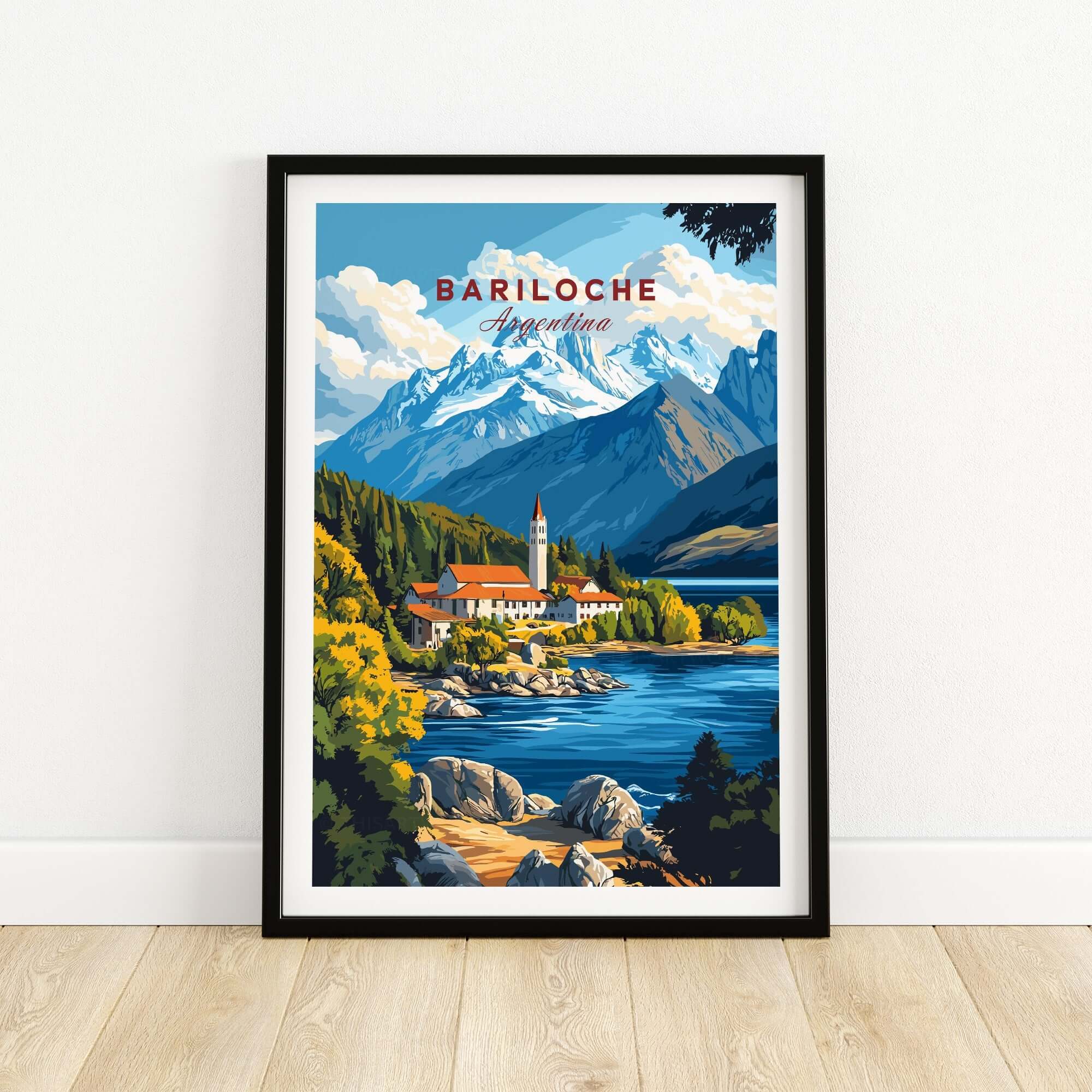 Bariloche Print featuring vibrant colors of Argentina's Patagonia with mountains and lake scenery.
