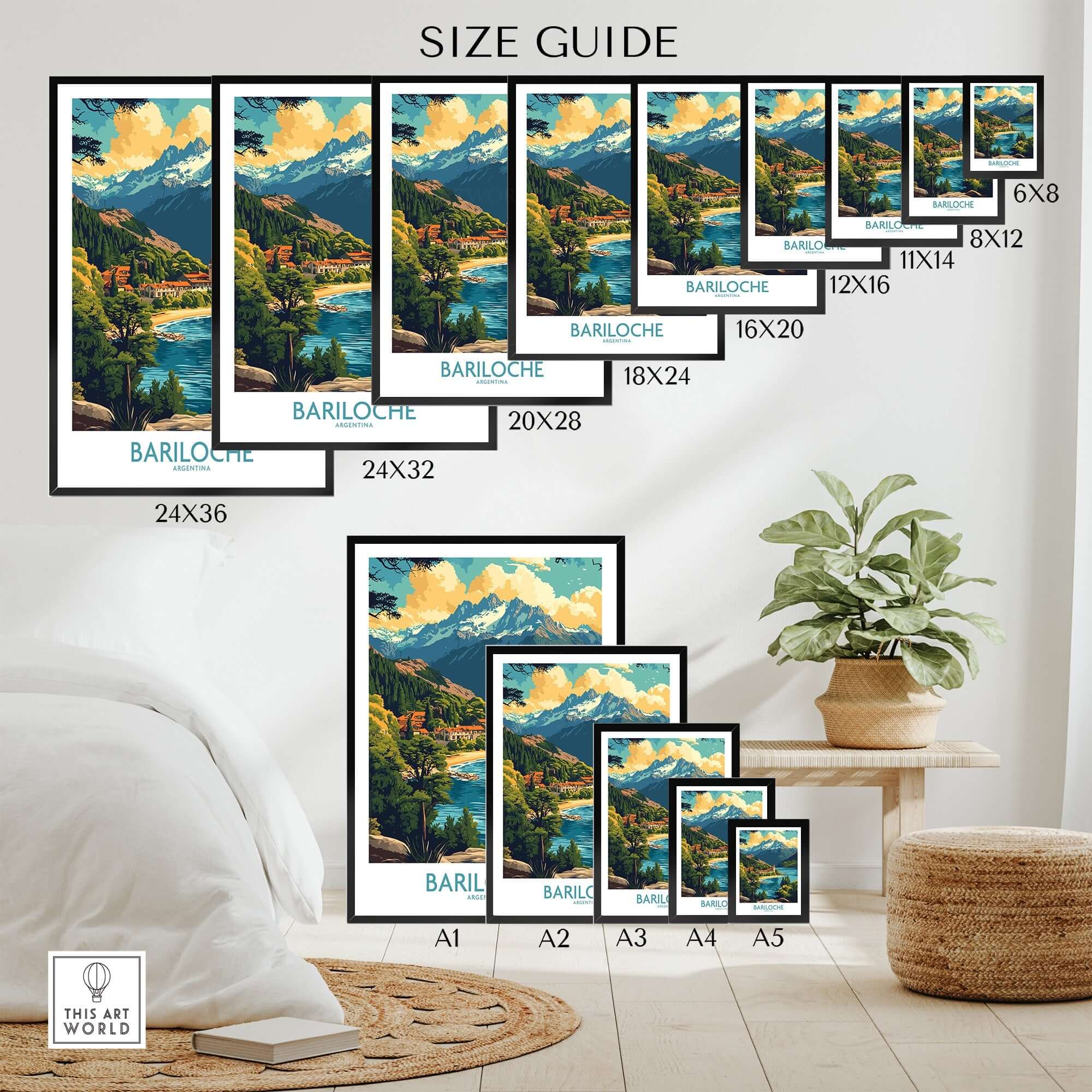 Bariloche Travel Poster size guide showing various dimensions and styles in a stylish home setting.