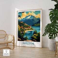 Bariloche Travel Poster displayed in a stylish interior, showcasing the scenic lakes and mountains of Argentine Bariloche.