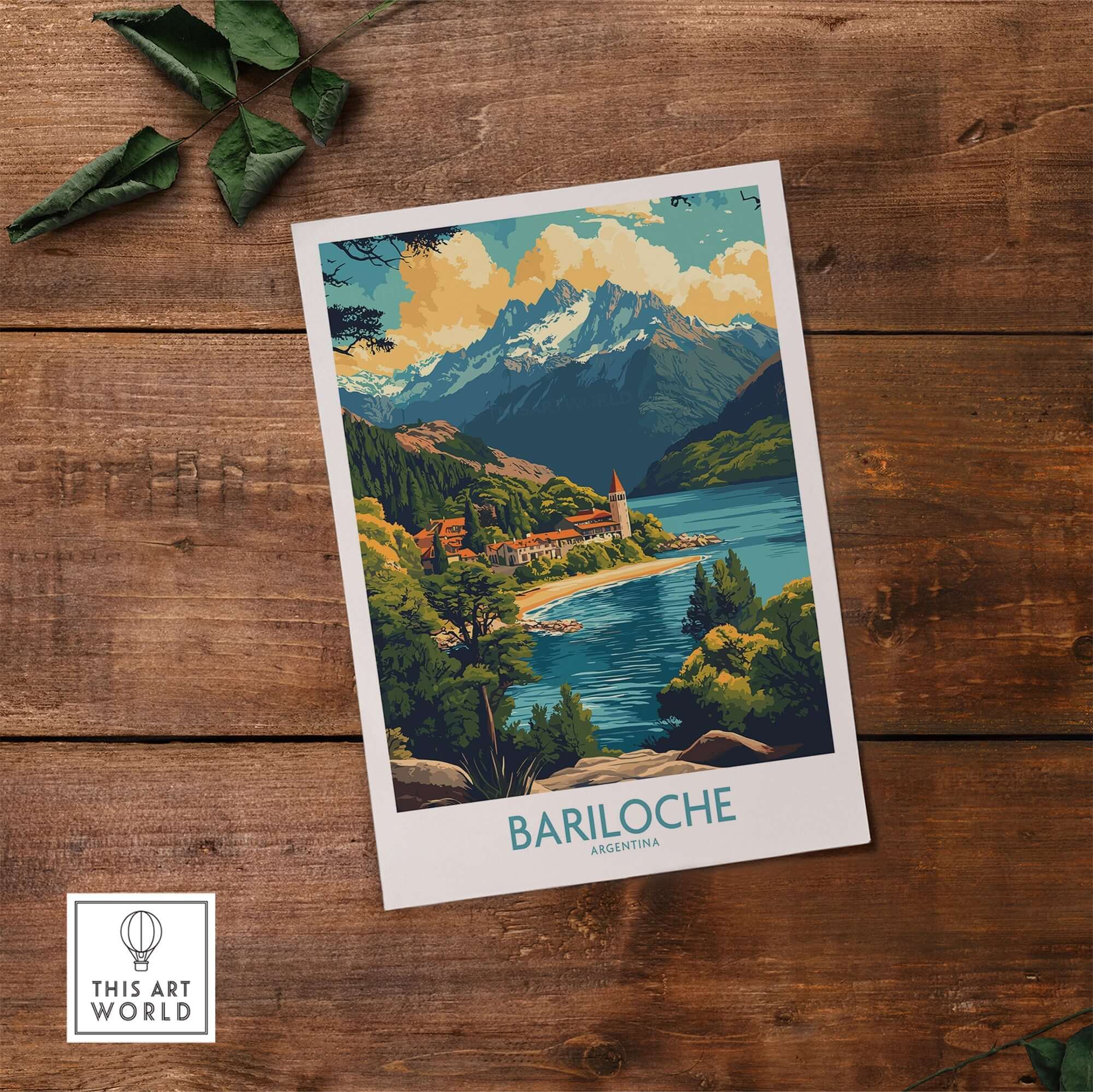 Bariloche Travel Poster featuring picturesque mountain scenery and serene lake in Bariloche, Argentina.
