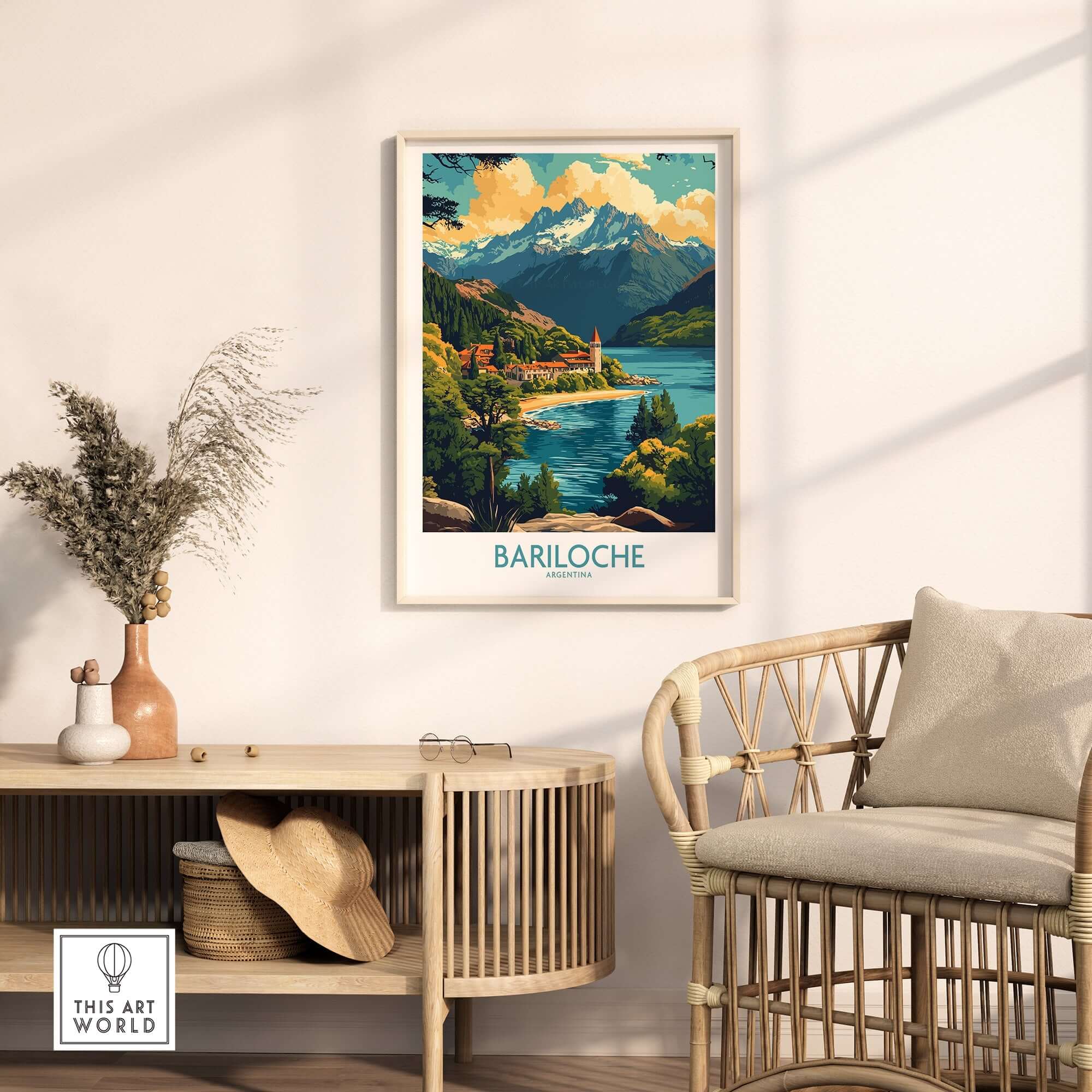 Bariloche Travel Poster framed in a stylish living room setting with natural decor and light.