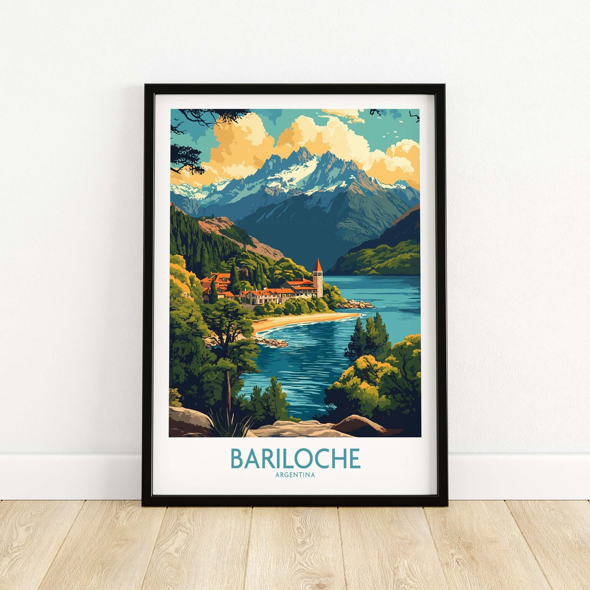 Bariloche Travel Poster showcasing scenic mountains and lakes in Argentina, perfect for home decor.
