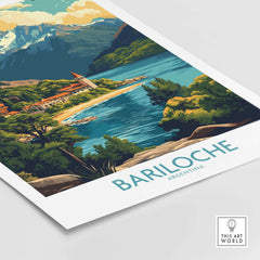 Bariloche Travel Poster featuring scenic mountains and a vibrant lake in Argentina.