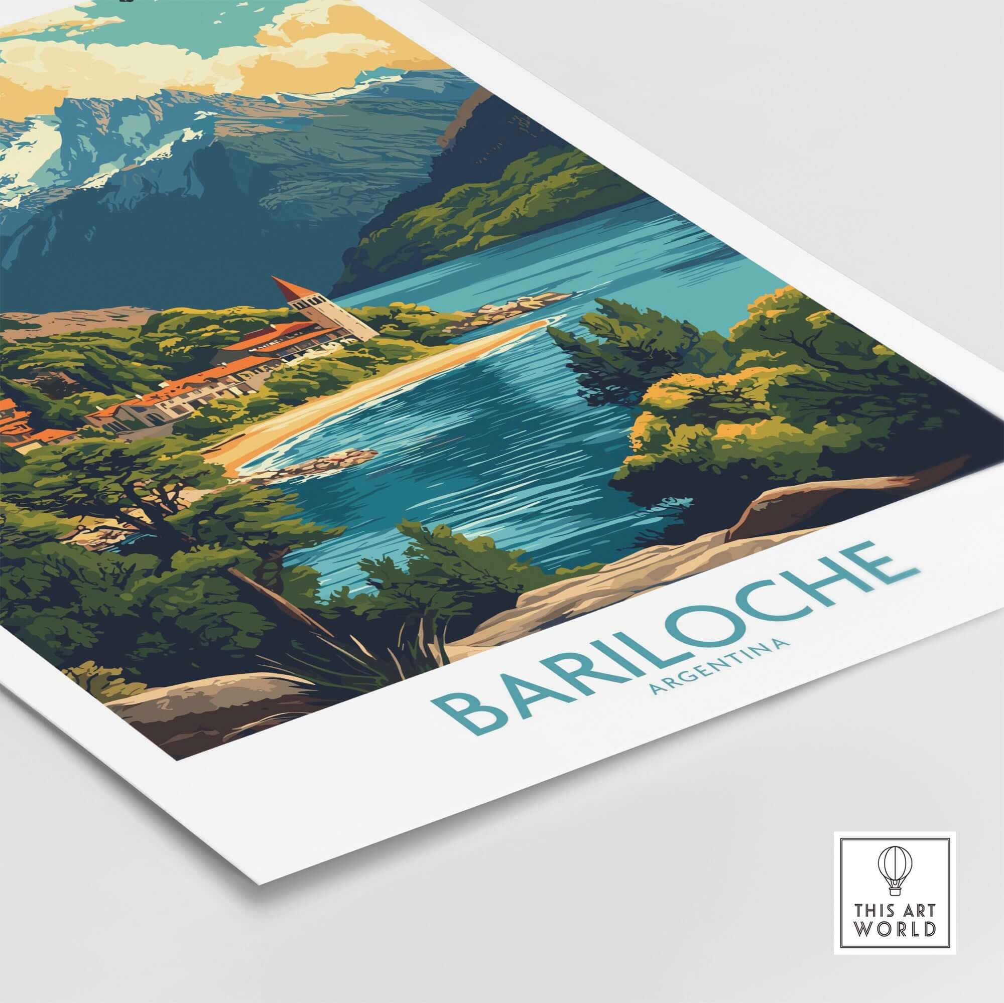 Bariloche Travel Poster featuring scenic mountains and a vibrant lake in Argentina.