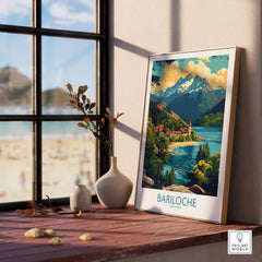 Bariloche Travel Poster showcasing a serene lake and mountains, enhancing your travel-inspired decor.