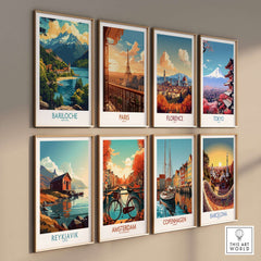 Bariloche Travel Poster and other travel-themed posters displayed on a wall, showcasing international destinations.