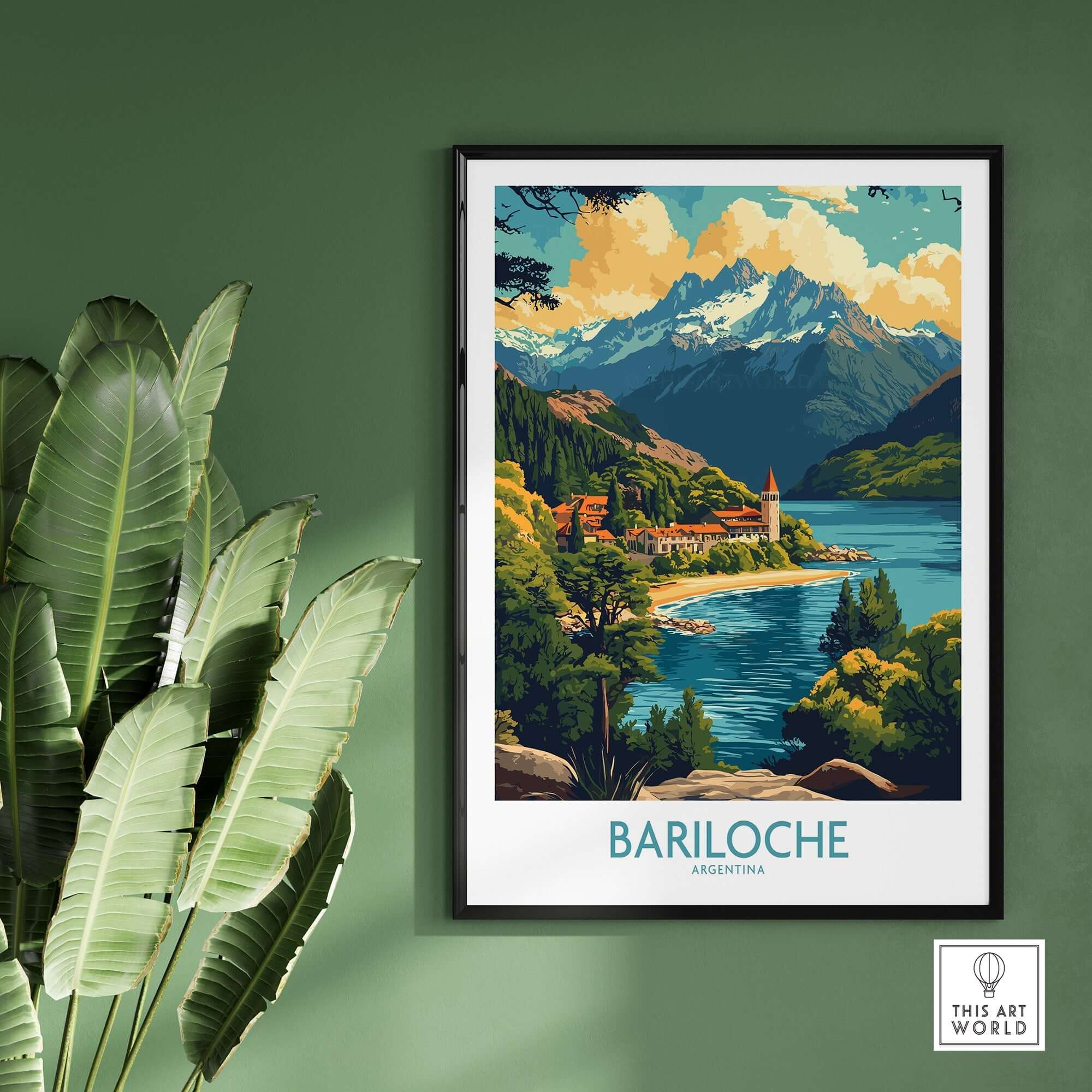 Bariloche Travel Poster featuring stunning mountain and lake scenery, ideal for home decor.