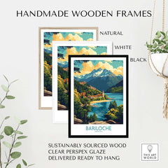 Bariloche Travel Poster framed in natural, white, and black handmade wooden frames, showcasing stunning landscape.