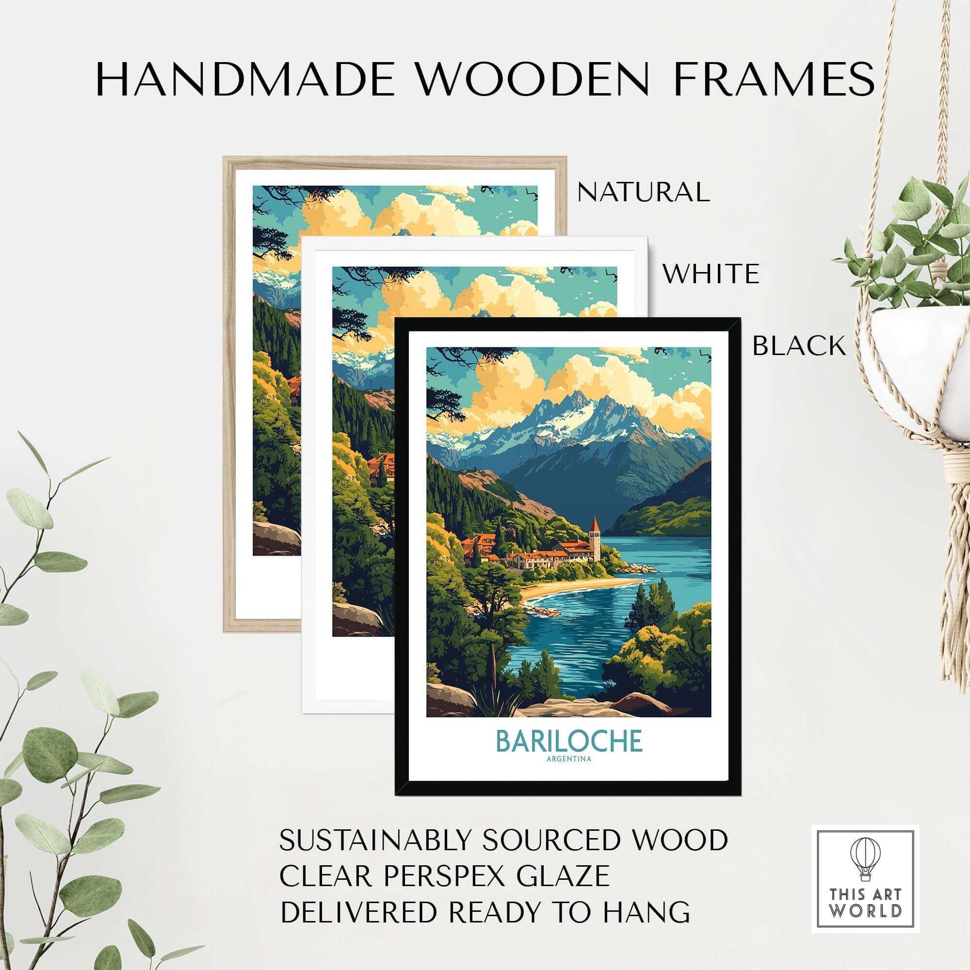 Bariloche Travel Poster framed in natural, white, and black handmade wooden frames, showcasing stunning landscape.