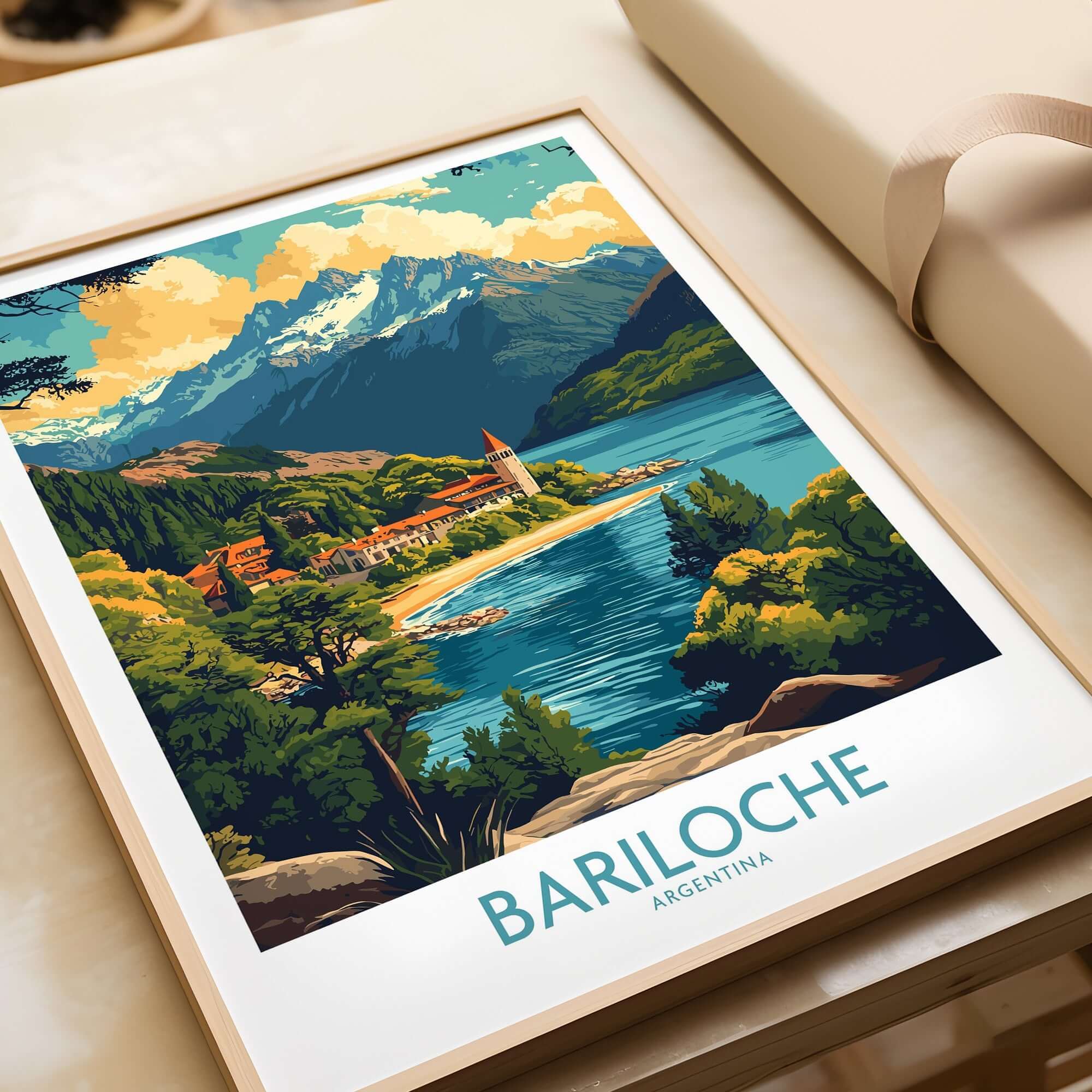 Bariloche Travel Poster featuring vibrant landscape and serene lake views in Bariloche, Argentina.