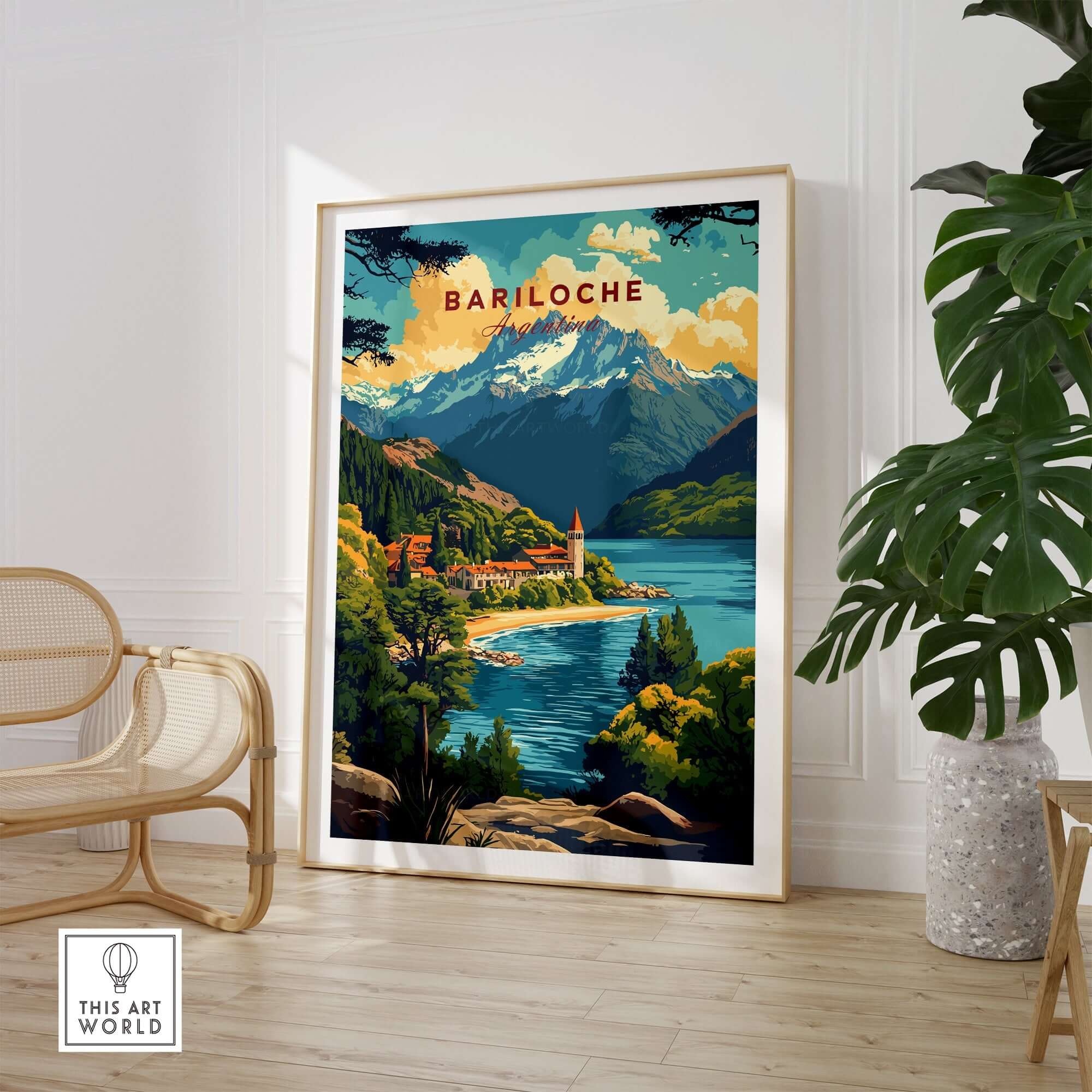 Bariloche Travel Print showcasing vibrant landscapes and mountains in a beautifully framed art piece.