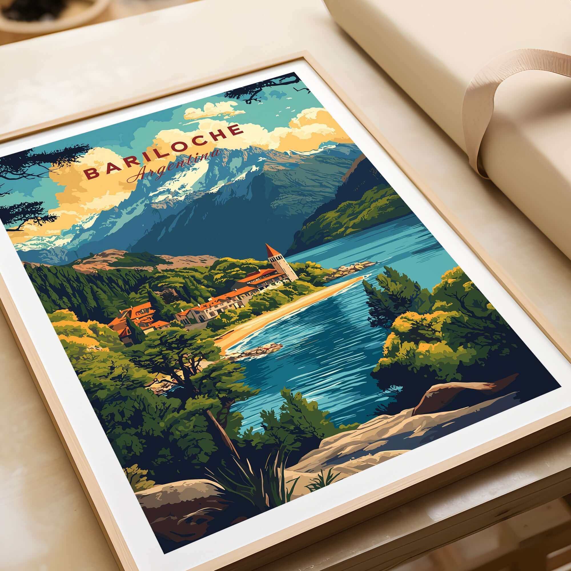 Bariloche Travel Print showcasing vibrant landscapes and mountains in a beautiful framed artwork.