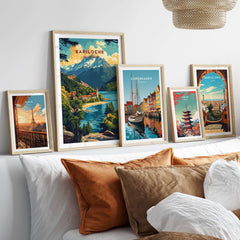 Bariloche Travel Print and other city travel prints displayed in framed art on a stylish wall.