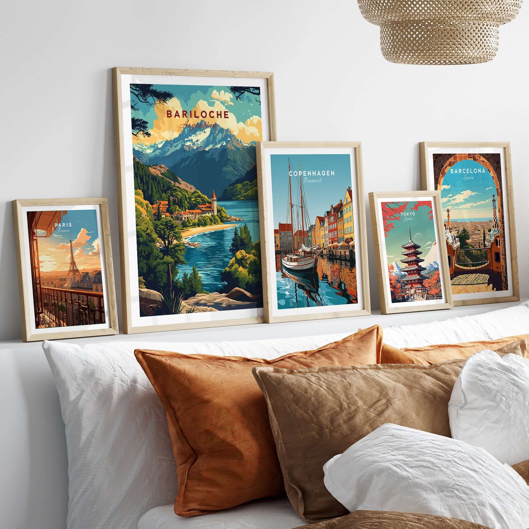 Bariloche Travel Print and other city travel prints displayed in framed art on a stylish wall.
