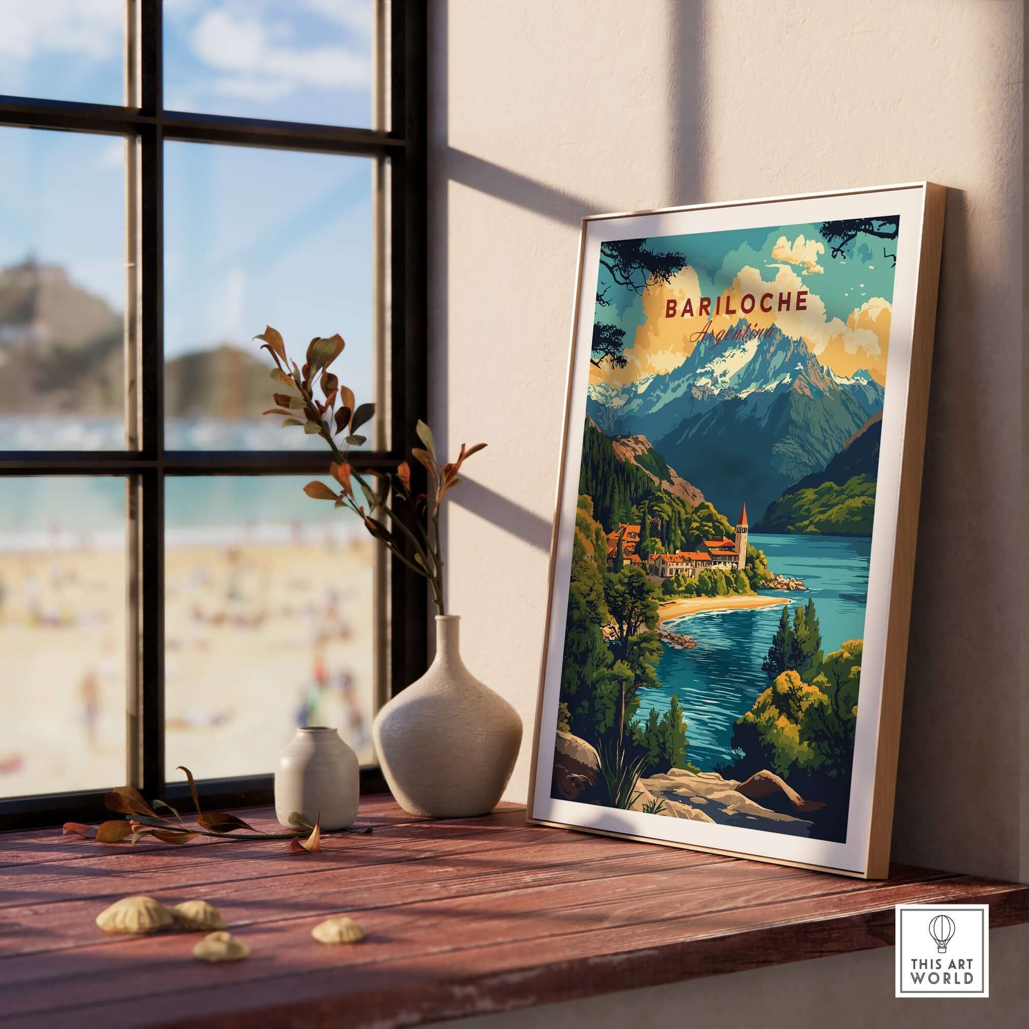 Bariloche Travel Print displayed in a sunlit room, showcasing vibrant landscapes of Argentina's Bariloche.