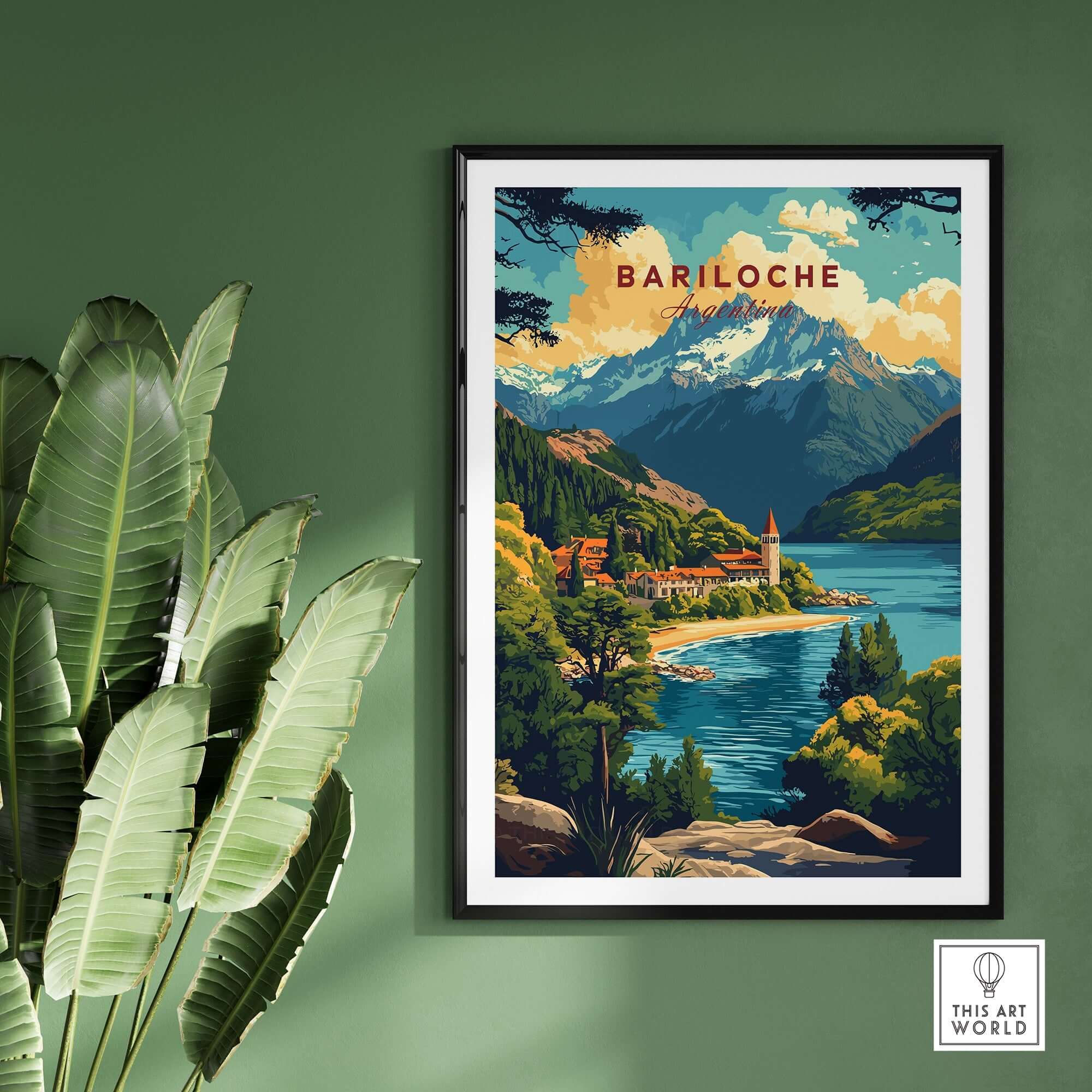 Bariloche Travel Print showcasing a vibrant landscape of mountains and lake, ideal for home decor.