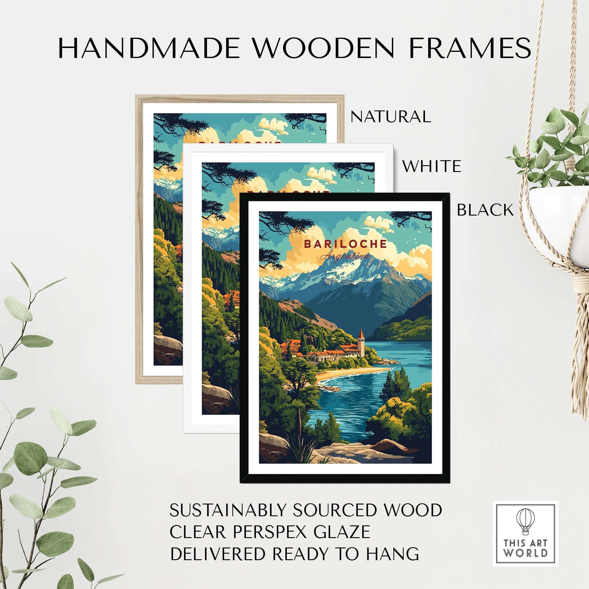 Bariloche Travel Print displayed in three handmade wooden frames: natural, white, and black.