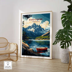 Bariloche Wall Art featuring a scenic landscape of mountains and a boat in a lake, capturing the beauty of Argentina.