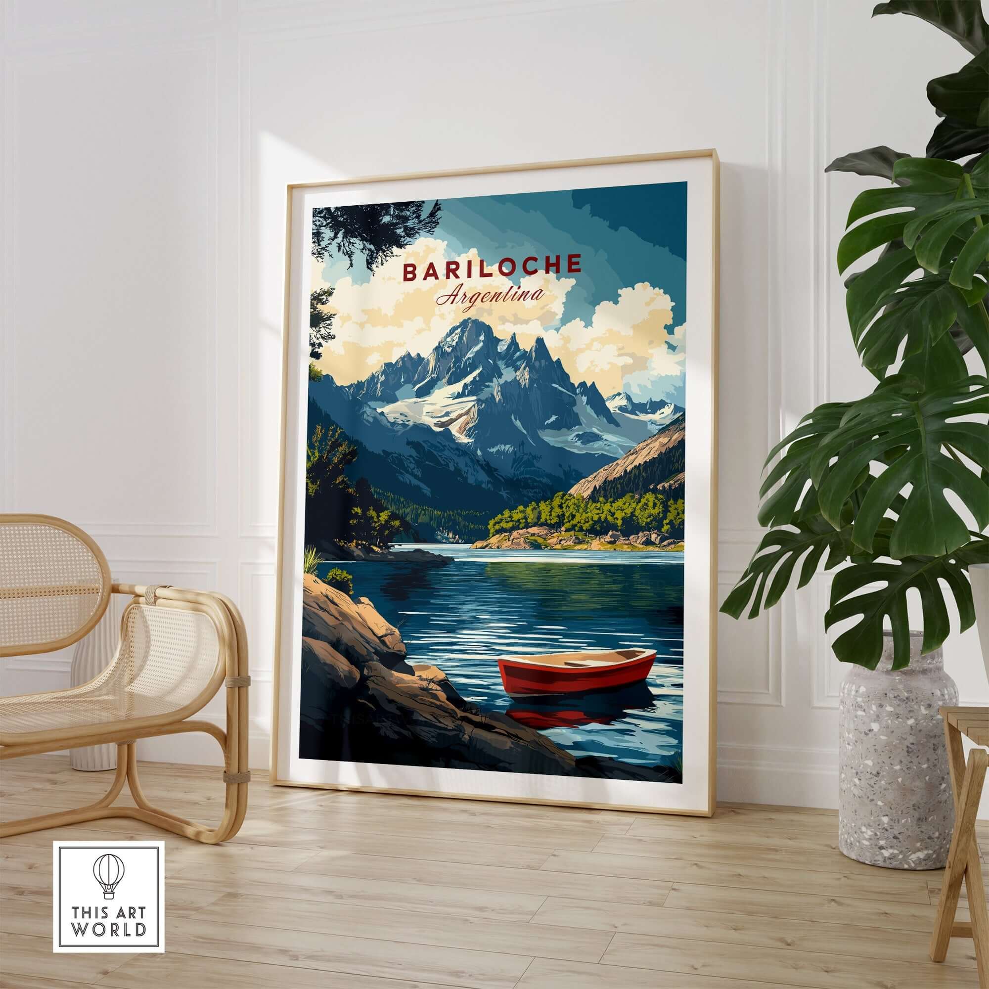 Bariloche Wall Art featuring a scenic landscape of mountains and a boat in a lake, capturing the beauty of Argentina.