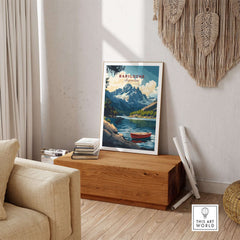 Bariloche Wall Art featuring vibrant landscapes and a serene lake scene with mountains and a red boat.