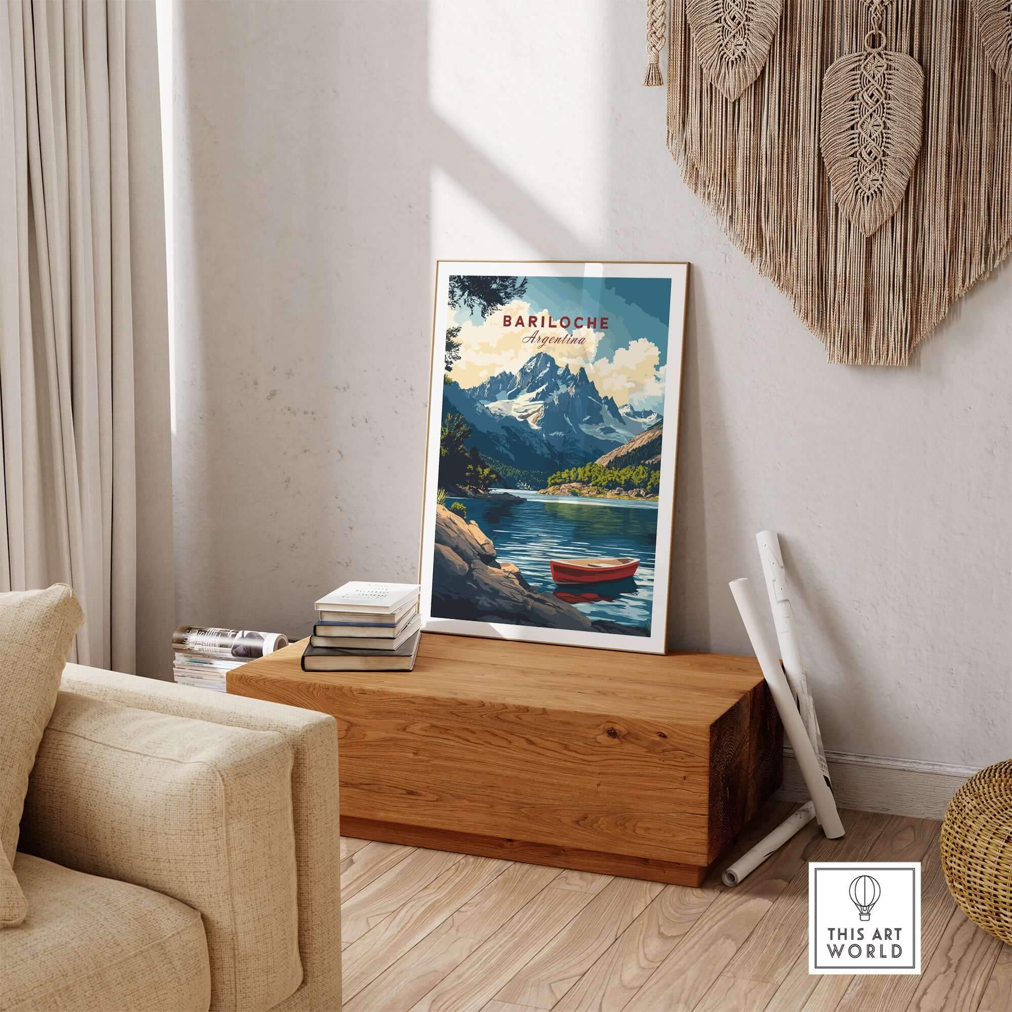Bariloche Wall Art featuring vibrant landscapes and a serene lake scene with mountains and a red boat.