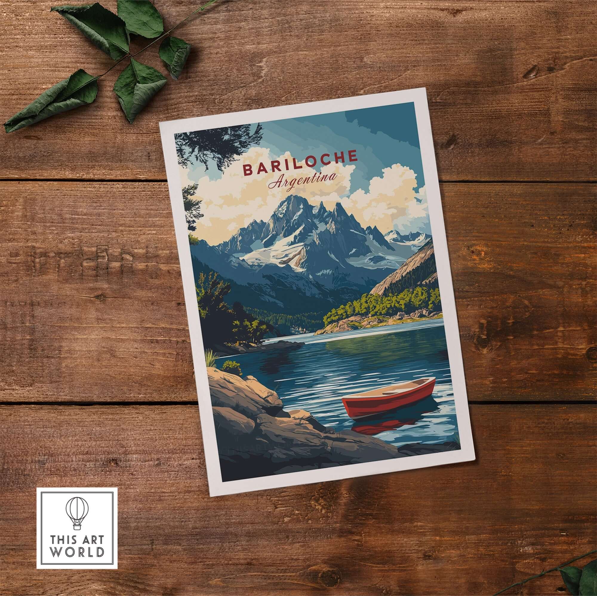 Bariloche Wall Art showcasing a vibrant landscape with mountains and a red boat in Argentina.