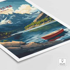 Bariloche Wall Art featuring a vibrant landscape with a red boat on a serene lake surrounded by mountains.