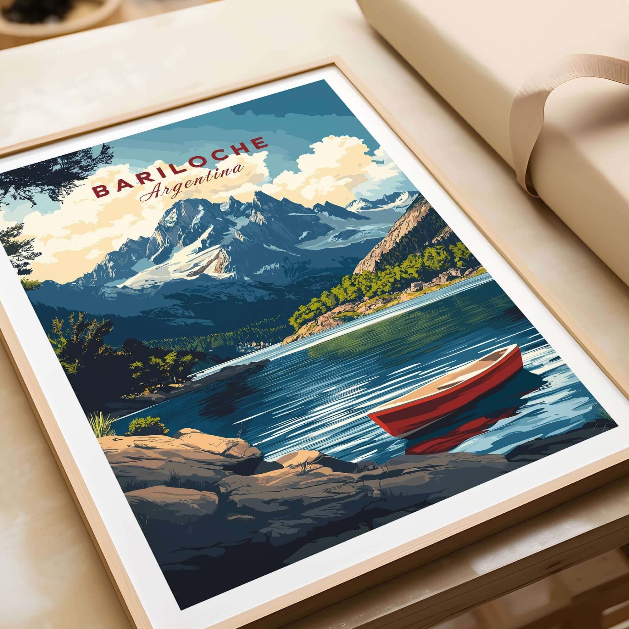 Bariloche Wall Art featuring a vibrant landscape with mountains and a red boat, perfect for nature lovers and travel enthusiasts.