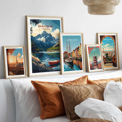 A display of Bariloche Wall Art showcasing vibrant landscapes and cityscapes in framed prints.