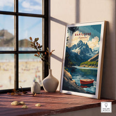 Bariloche Wall Art showcasing a scenic view of mountains and a lake with a boat, perfect for nature lovers and home decor.