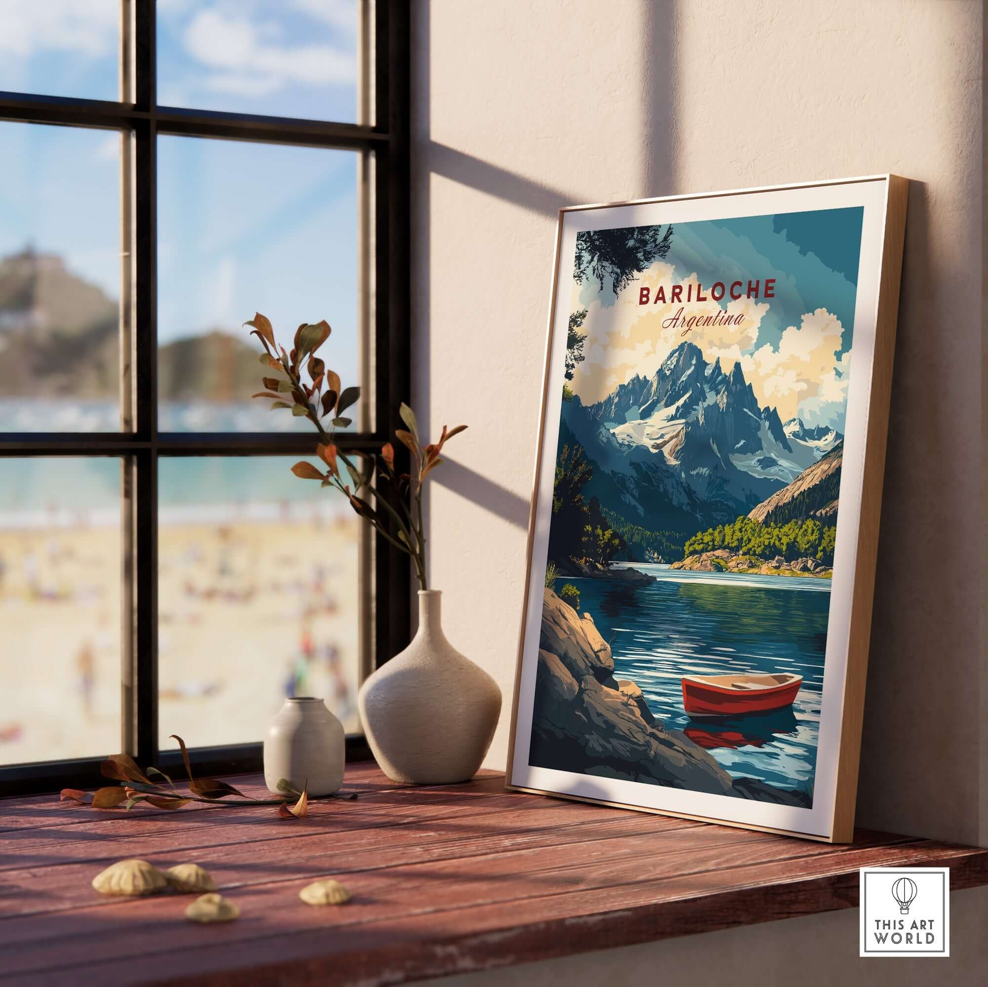 Bariloche Wall Art showcasing a scenic view of mountains and a lake with a boat, perfect for nature lovers and home decor.