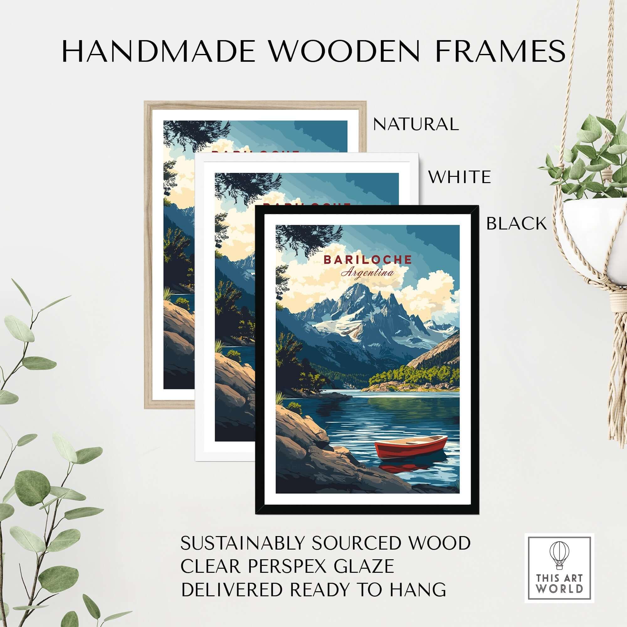 Bariloche Wall Art displayed in three handmade wooden frames: natural, white, and black for a stunning home decor.