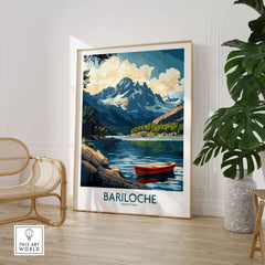 Bariloche Wall Art Print featuring a scenic landscape with mountains and a boat, perfect for nature lovers.