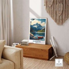 Bariloche Wall Art Print showcasing picturesque landscape with mountains and lake in a stylish living room setting.
