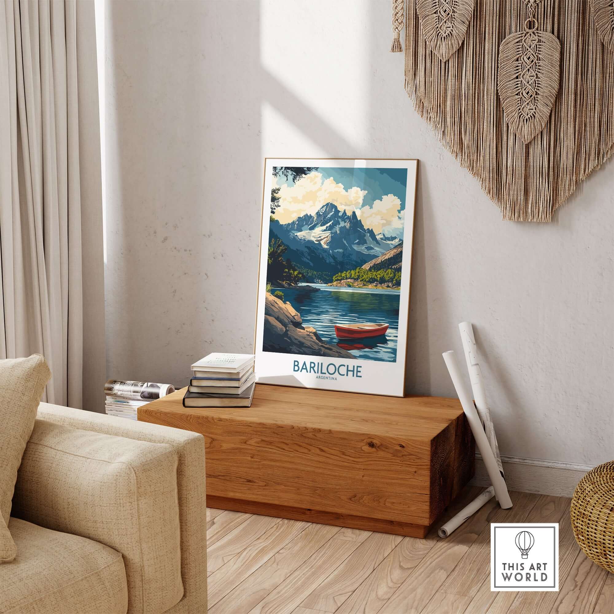 Bariloche Wall Art Print showcasing picturesque landscape with mountains and lake in a stylish living room setting.