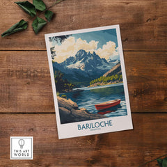 Bariloche Wall Art Print featuring a scenic landscape with mountains and a red boat on water.