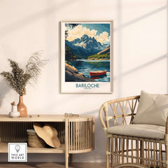 Bariloche Wall Art Print showcasing a stunning landscape with mountains and a red boat in a cozy interior setting.