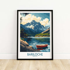 Bariloche Wall Art Print featuring a picturesque landscape with mountains and a red boat in Argentina.