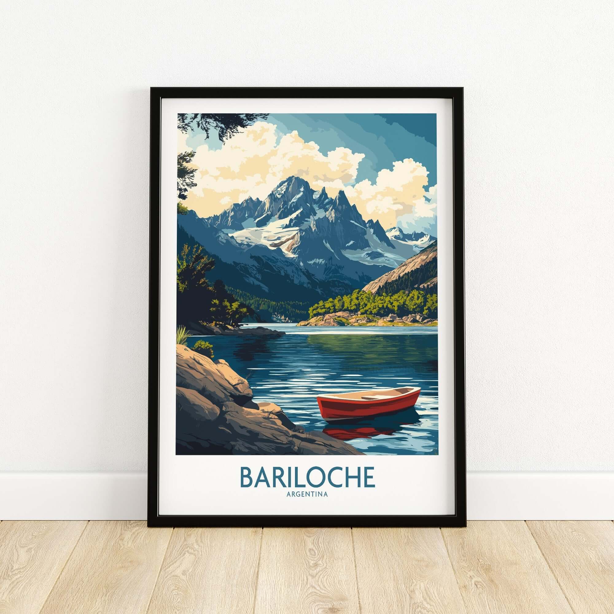 Bariloche Wall Art Print featuring a picturesque landscape with mountains and a red boat in Argentina.