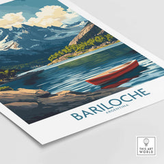 Bariloche Wall Art Print featuring a scenic view of mountains and a lake with a red boat in Argentina.