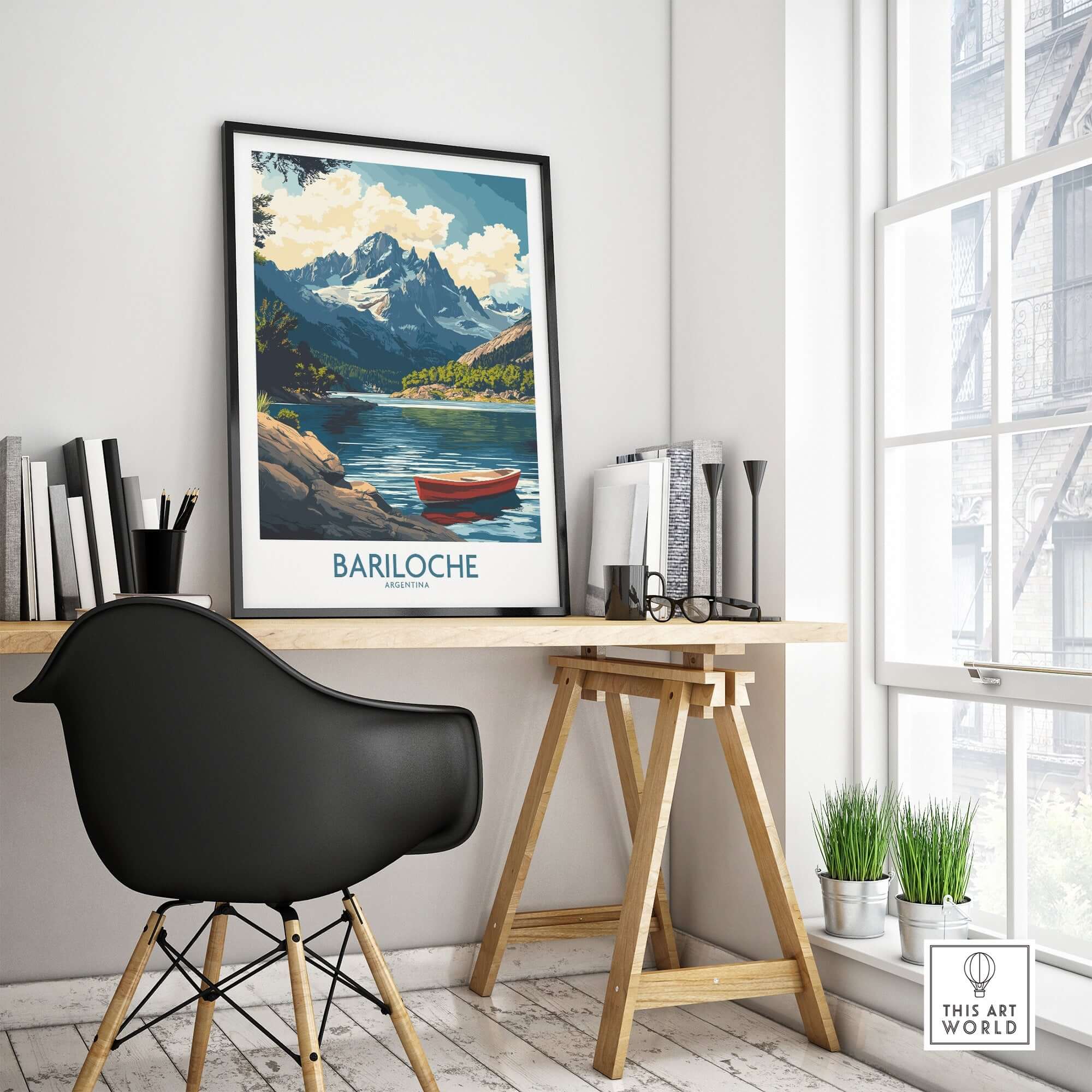Bariloche Wall Art Print framed in a stylish interior setting with a desk and natural light.