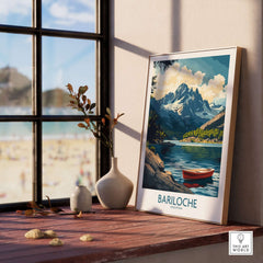 Bariloche Wall Art Print featuring a serene lake and mountains, perfect for adding rustic charm to home decor.
