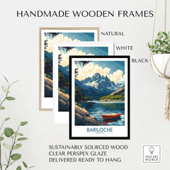 Bariloche Wall Art Print surrounded by handmade wooden frames in natural, white, and black finishes.