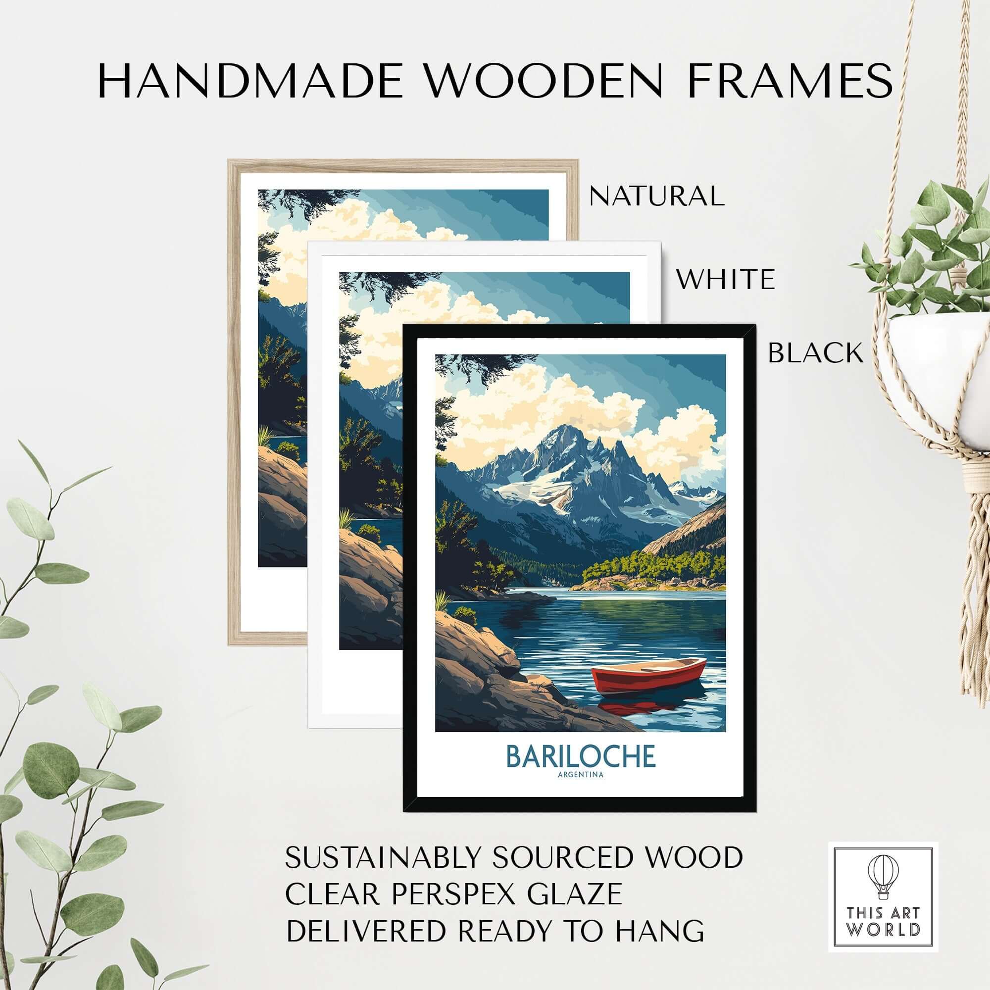 Bariloche Wall Art Print surrounded by handmade wooden frames in natural, white, and black finishes.